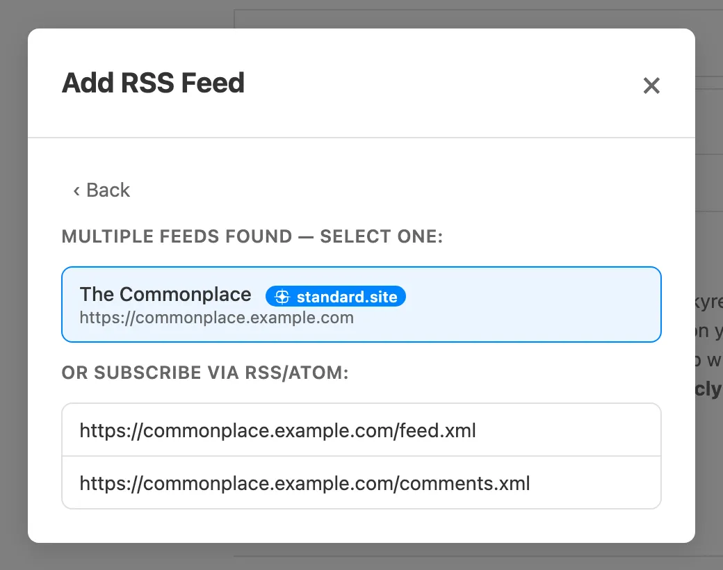 The Add RSS Feed dialog after discovery: a standard.site publication listed first, RSS feeds below it