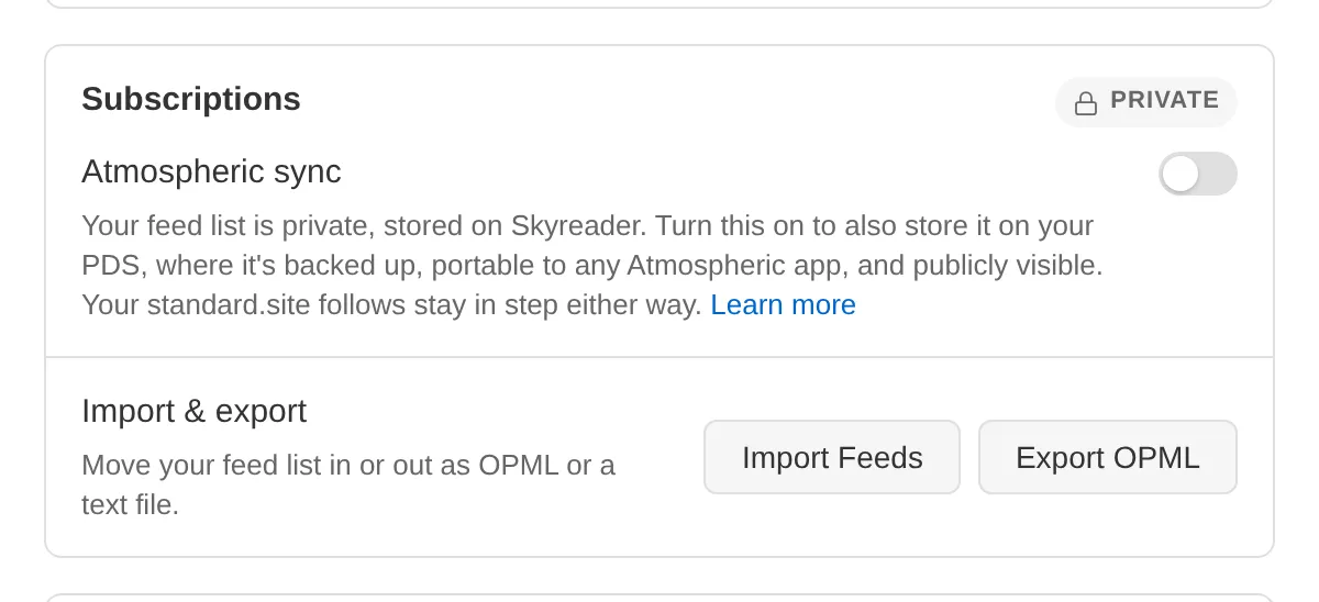The Subscriptions settings panel: marked Private, with the Atmospheric sync switch, its public-visibility note, and import and export