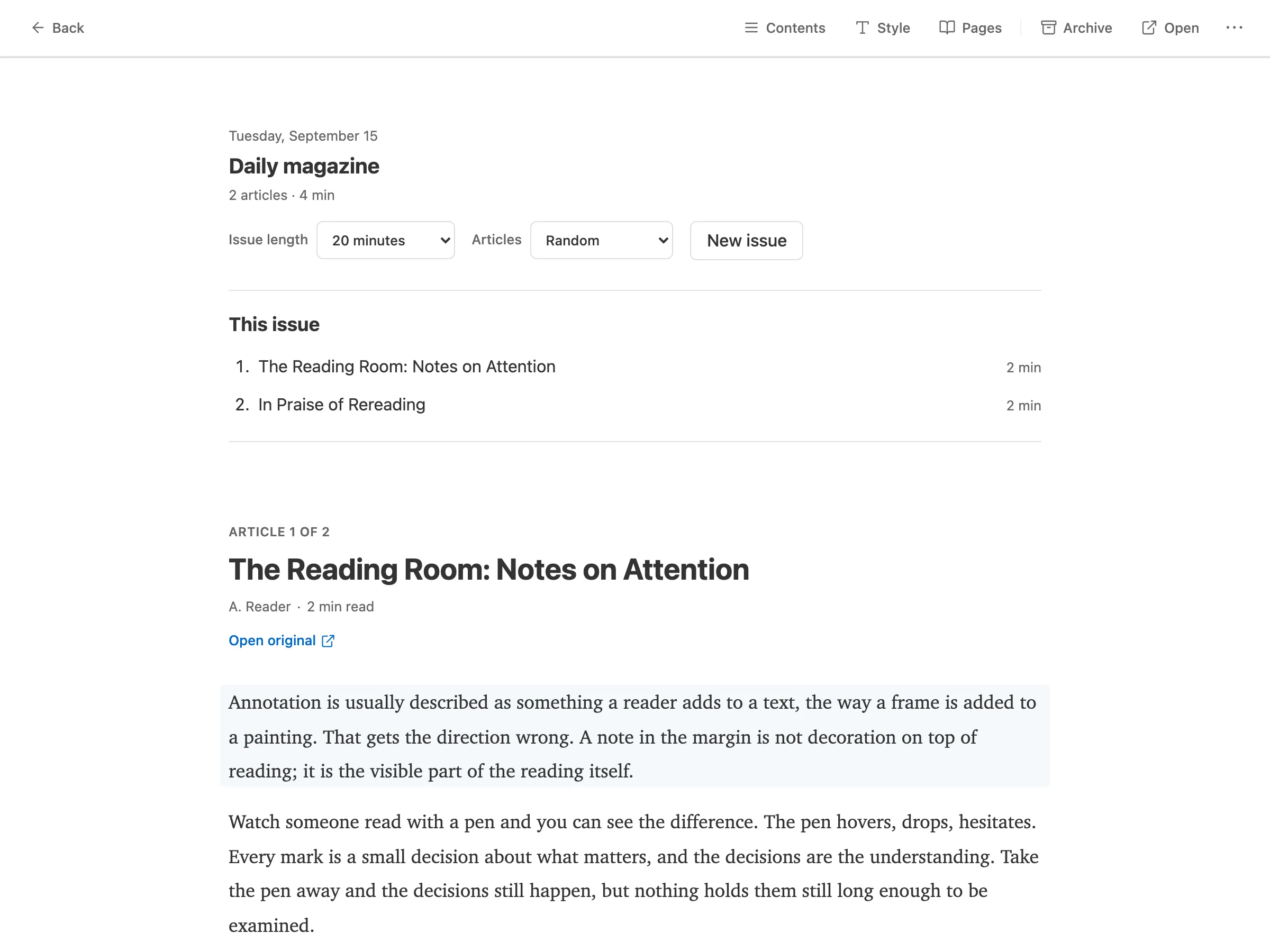 A daily magazine issue: a dated table of contents built from saved articles, followed by the first article