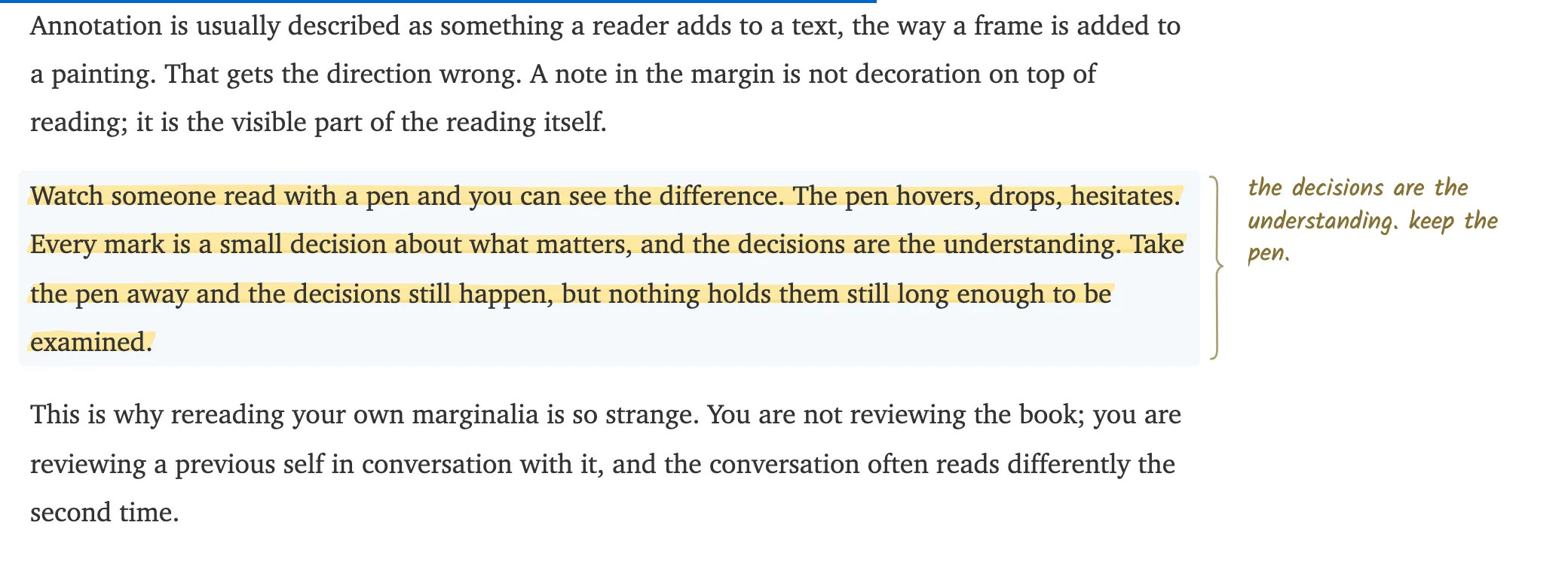 A highlighted passage in the reader, with a handwritten note beside it in the margin