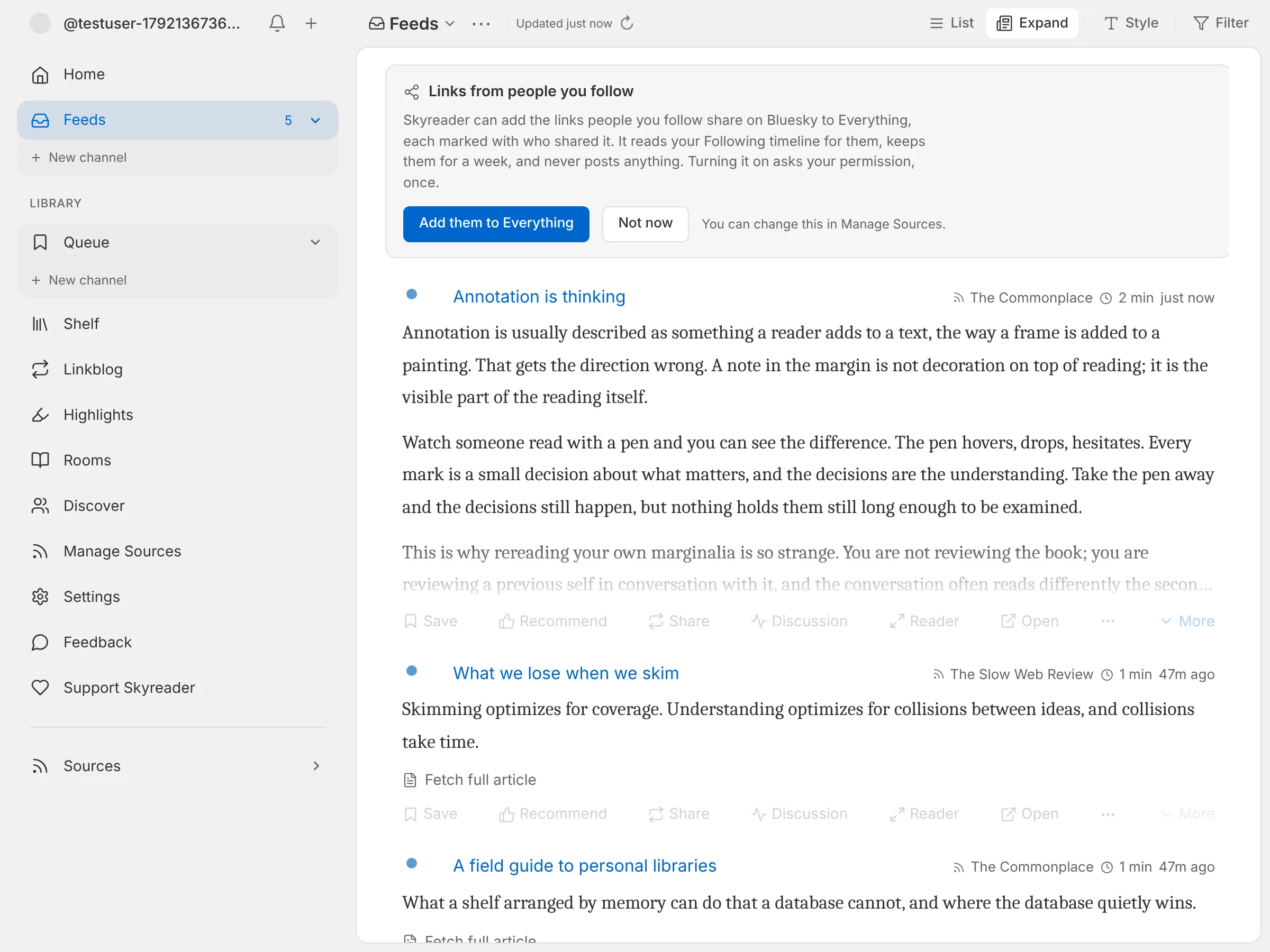 Skyreader's Feeds view: a sidebar of sources and channels beside one chronological stream of articles