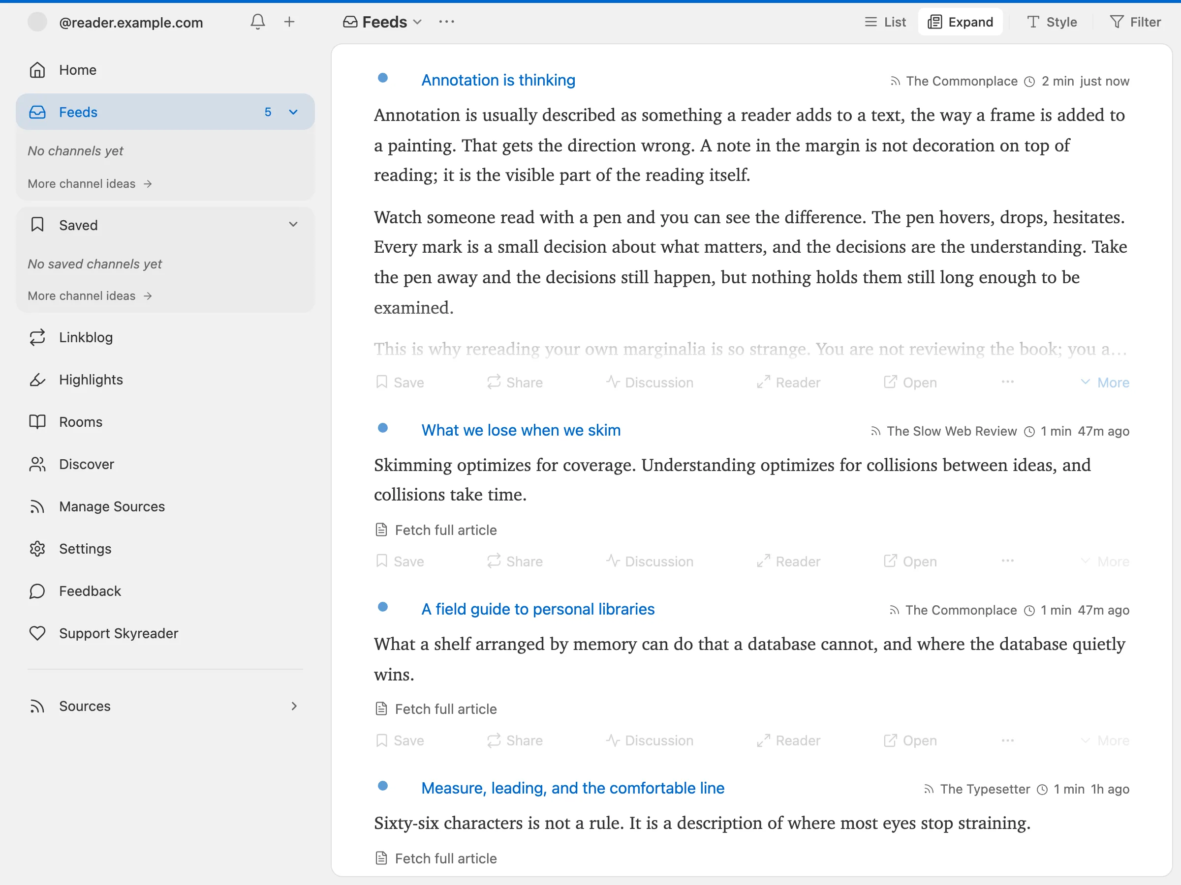 The Feeds view: sources and channels in the sidebar, newest articles first in the stream