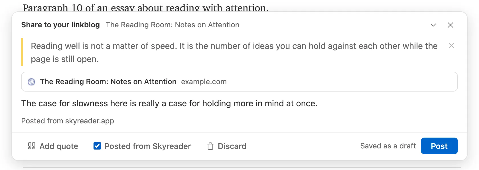 The share composer docked over an article, holding a quoted passage, the article's link card, a line of commentary, and an optional "Posted from skyreader.app" line
