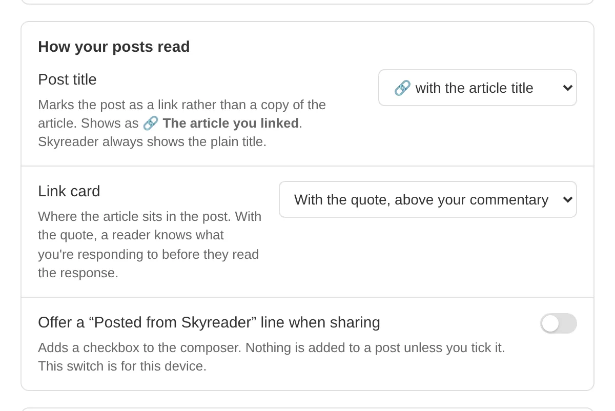 The "How your posts read" settings: a post title select, a link card position select, and the "Posted from Skyreader" offer toggle