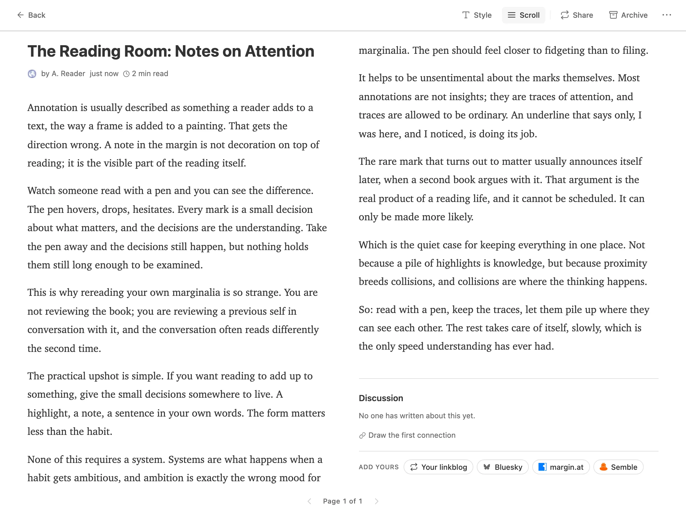 Paged mode: the same article flowed into two side-by-side columns, turned a page at a time