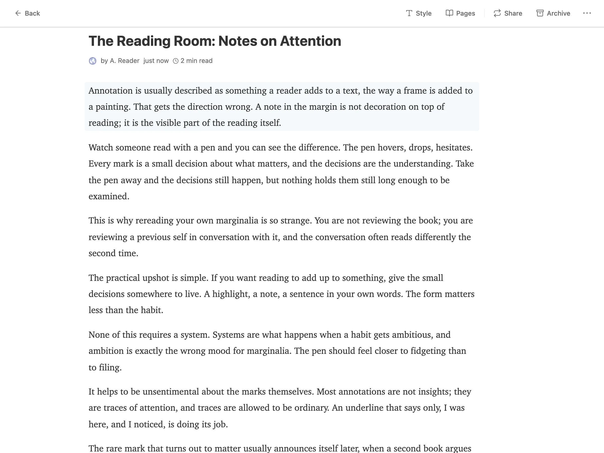 The reader: a full-screen article with quiet chrome and a Discussion section at the end