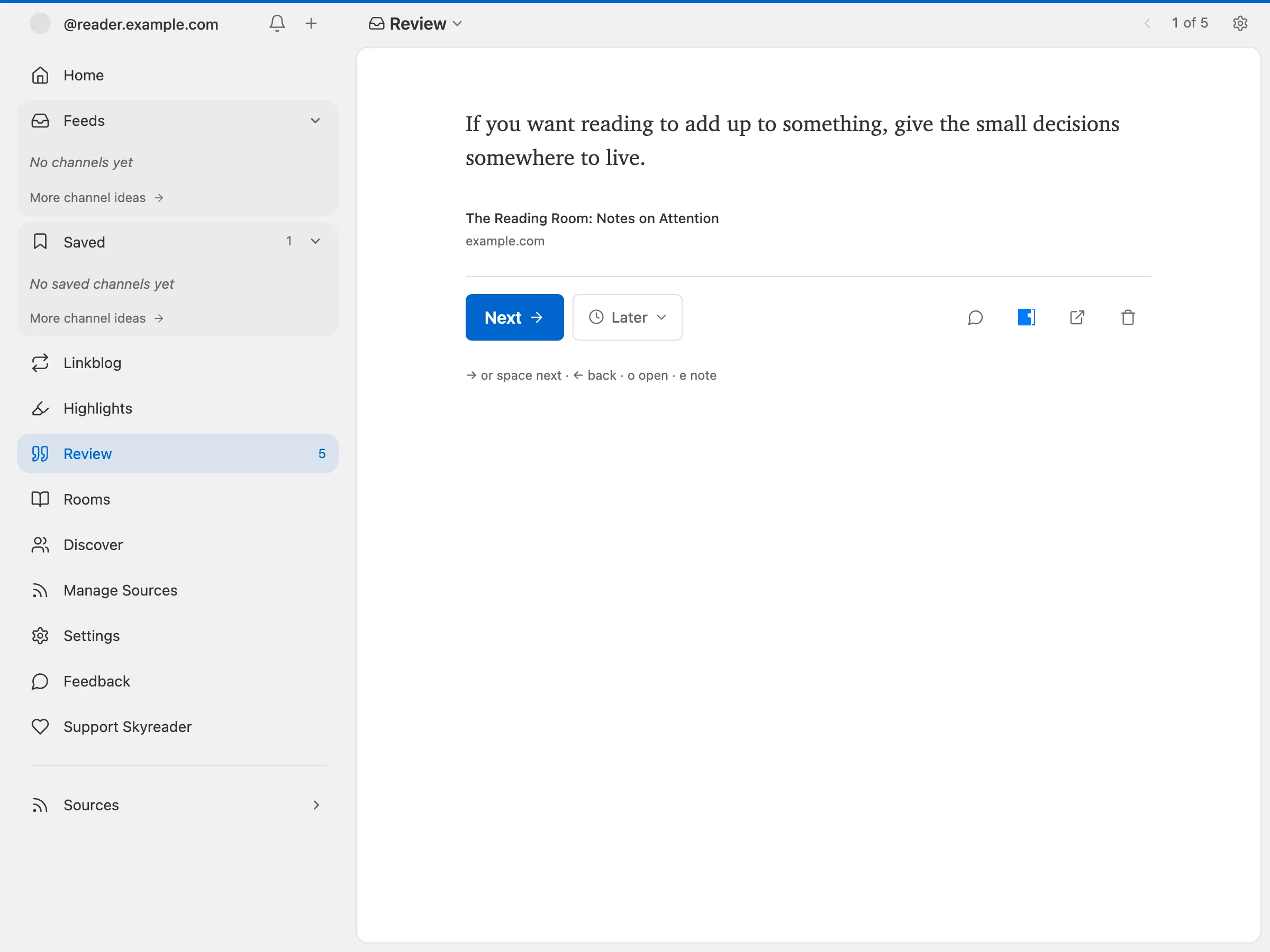 The review deck: one highlight at a time with Next and Later, and single-key shortcuts listed below