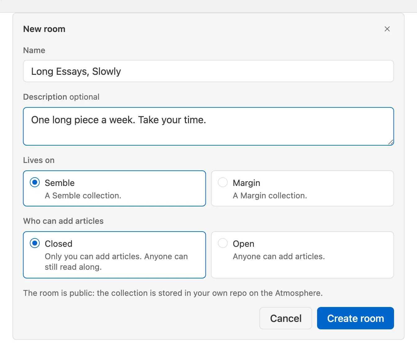 The new room form: name, description, a Semble or Margin choice, and closed or open access