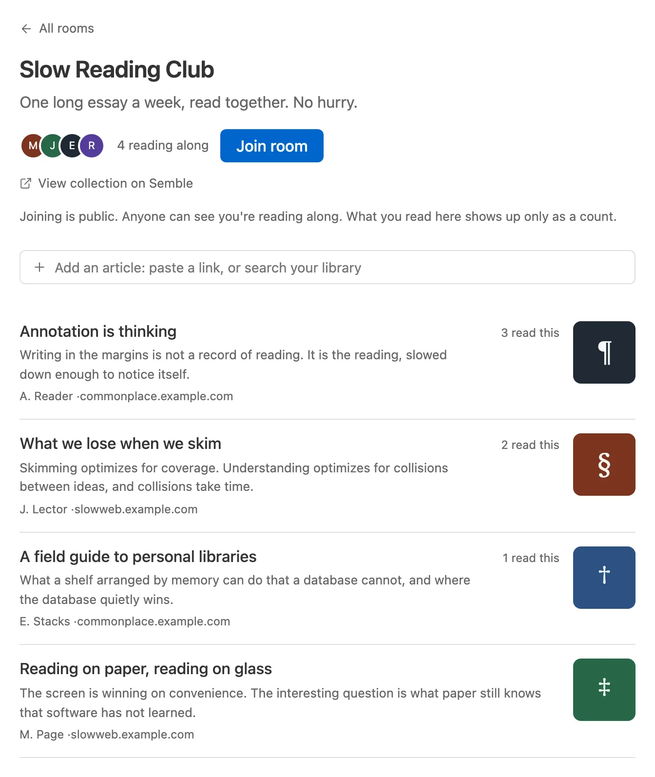 A room page: title and description, four readers' avatars with "4 reading along", the Join room button, and articles each marked with how many read it