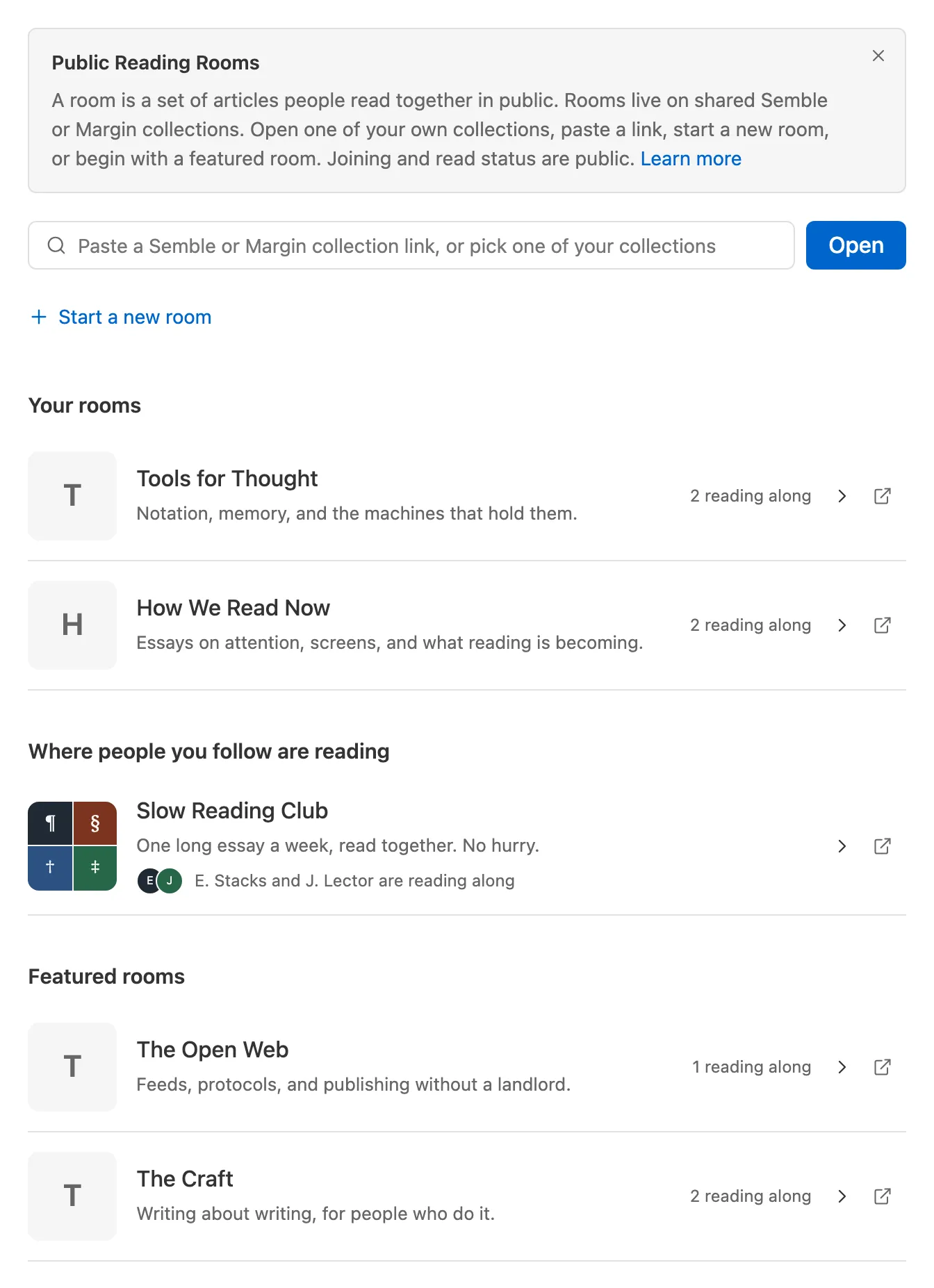 The Rooms page: an explainer, the open box, then Your rooms, Where people you follow are reading, and Featured rooms, each row with its reading-along count
