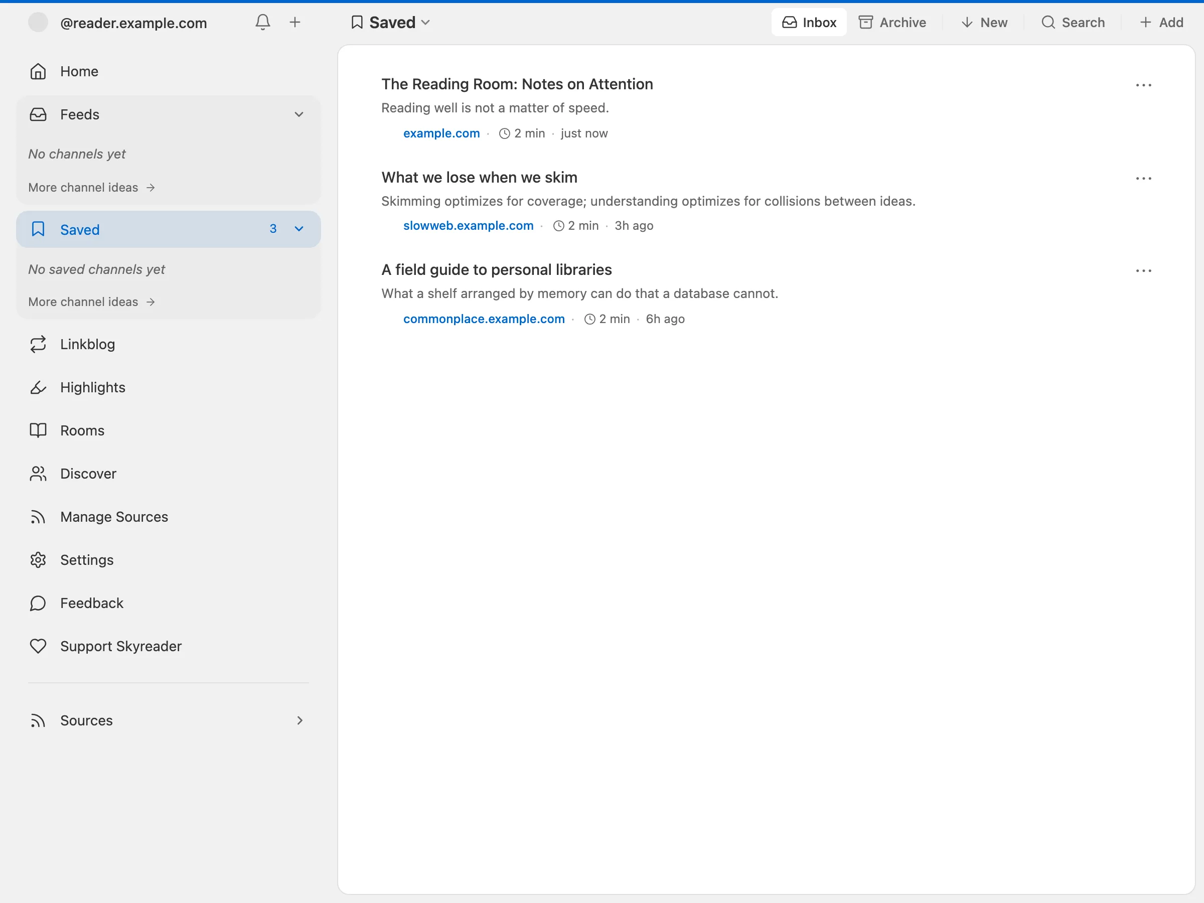 The Saved list: articles kept with their full text, newest first