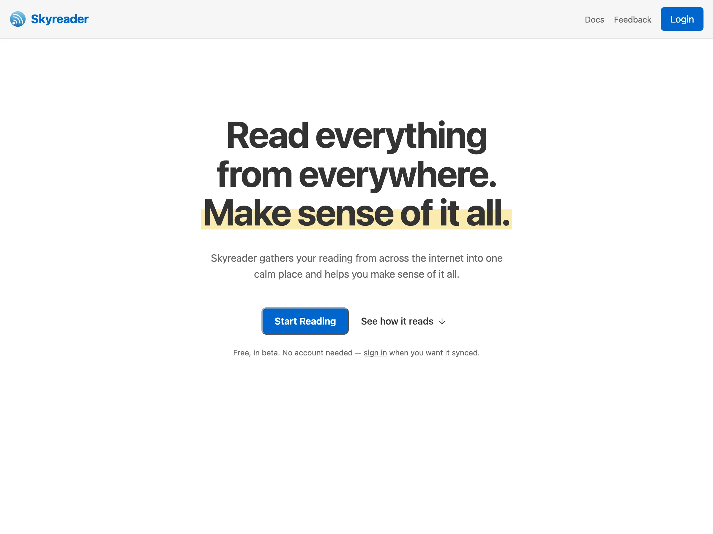 The Skyreader start page, with a Start Reading button that opens a guest library, no account needed